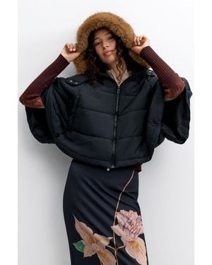 Desigual Quilted Poncho Hood, Polyamide - Black