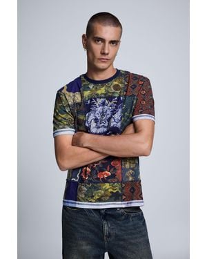 Desigual Camiseta Estampada Patchwork, Hombre, Algodon, Azul - Gris