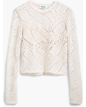 Desigual Long Sleeve Crochet T-Shirt - White
