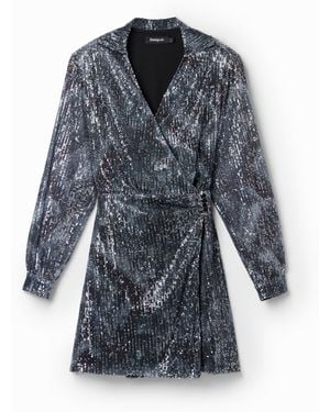Desigual Short Sequinned Wrap Dress, Polyester - Blue