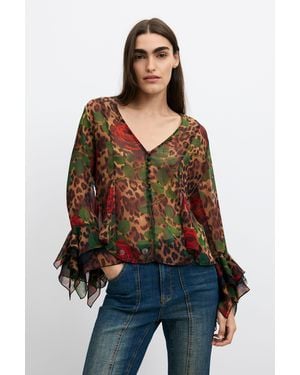 Desigual Blusa Flores Manga Larga, Mujer, Poliester, Marrón