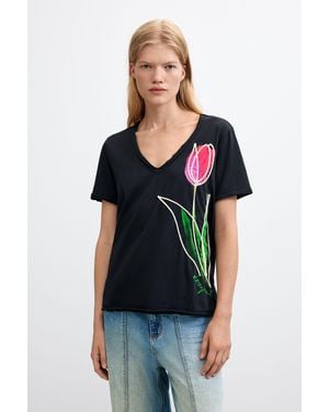 Desigual Floral Print T-Shirt 100% Cotton, Cotton - Black