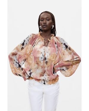 Desigual Printed Blouse With Drawstring, Polyester - Pink
