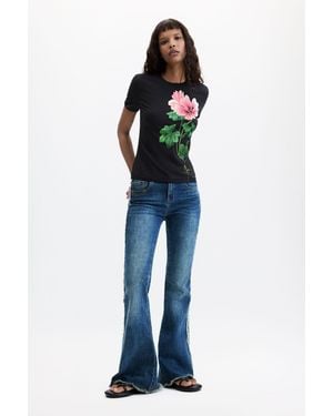 Desigual Bedrucktes T-Shirt Mit Blumen, Damen, Baumwolle, Schwarz - Blau