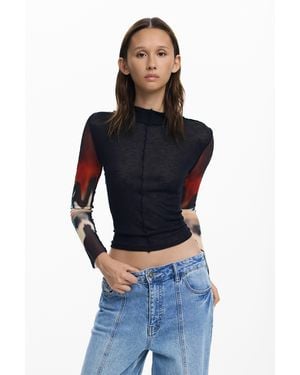 Desigual T-Shirt With Transparent Sleeves, Polyester - Blue