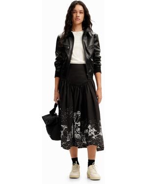 Desigual Midirock Popeline Landschaft - Schwarz