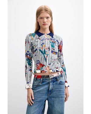 Desigual Geblümter Pullover Mit Hemdausschnitt, Damen, Weiß - Blau