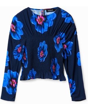 Desigual Floral Ruched Blouse, Viscose - Blue