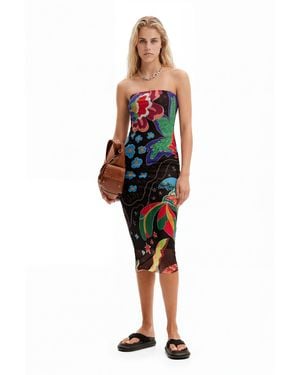 Desigual Jungle Design Bandeau Midi Dress, Polyester - Blue