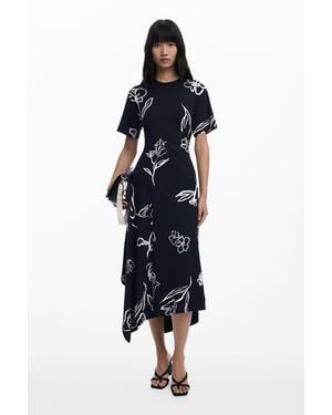 Desigual Asymmetric Dress With Floral Strokes - Black