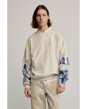 Desigual Sweatshirt With Printed Sleeves, Cotton - Natural