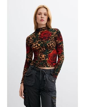 Desigual Ribbed T-Shirt Animal Print, Cotton - Black