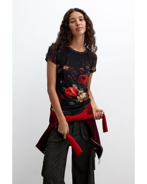 Desigual Kurzarm-T-Shirt Mit Blumenmuster, Damen, Polyester, Schwarz