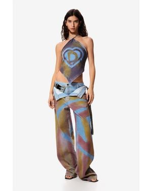 Desigual Pantalón Oversized Masha Popova, Mujer, Algodon, Amarillo - Blanco