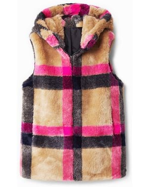 Desigual Plaid Fur-Effect Gilet - Pink