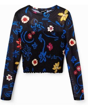 Desigual Short Slim Floral T-Shirt, Polyester - Blue