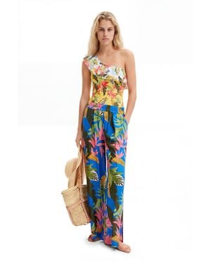 Desigual Tropical Wide-Leg Trousers, Viscose - Blue