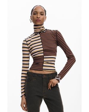 Desigual Long-Sleeved T-Shirt With High Neck, Cotton - Brown