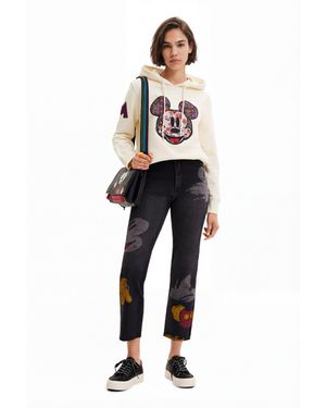 Desigual Vaqueros Straight Cropped Mickey Mouse, Algodon, Negro