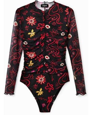 Desigual Tulle Ruched Floral Bodysuit, Polyester - Red