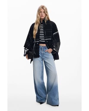 Desigual Wollponcho Mit Karomuster, Schwarz - Blau