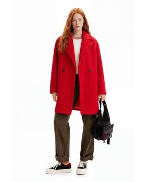 Desigual Double-Breasted Bouclé Coat, Polyester - Red