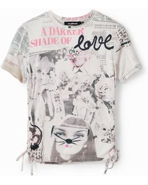 Desigual Slim Gathered Newspaper T-Shirt, Acetate - White