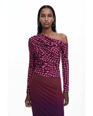 Desigual Asymmetric T-Shirt With Psychedelic Checks, Polyester - Red