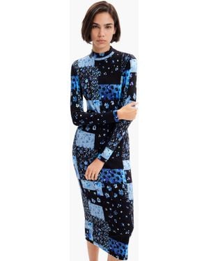 Desigual Floral Ribbed Midi Dress, Viscose - Blue