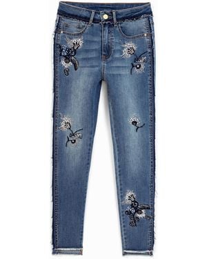 Desigual Vaquero Skinny Flores Bordadas - Azul