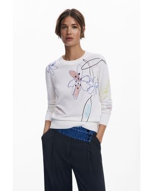 Desigual Fine Jumper With Floral Strokes - White