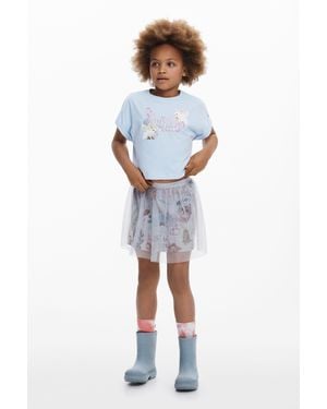 Desigual Cropped T-Shirt With Shiny Logo Rabbits - Blue