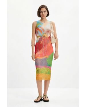 Desigual Multicolor Tropical Midi Dress, Polyester - White