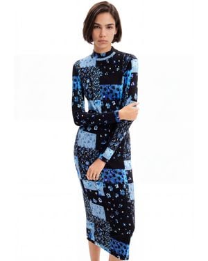 Desigual Floral Ribbed Midi Dress, Viscose - Blue