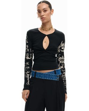 Desigual Camiseta Abertura Lettering, Mujer, Algodon, Negro