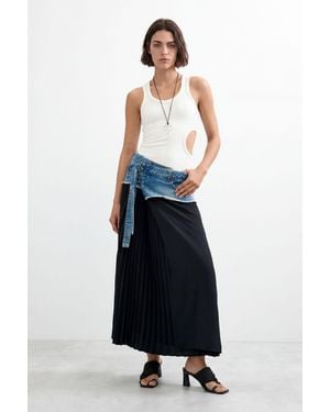 Desigual Langer Plissierter Denimrock, Damen, Blau - Weiß