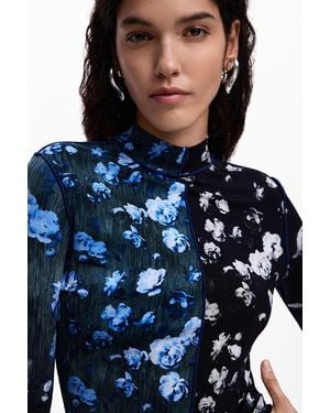 Desigual Bicolor Floral T-Shirt, Viscose - Blue