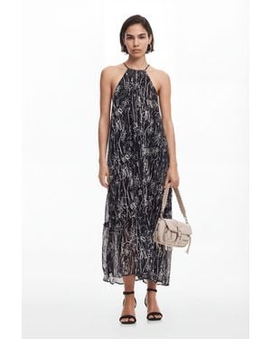 Desigual Halter Dress With Floral Illustrations, Polyester - Black
