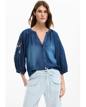 Desigual Embroidered Balloon Blouse, Lyocell - Blue