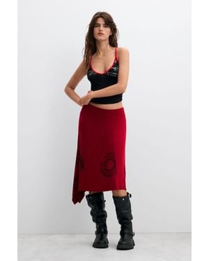 Desigual Falda Estampada Midi Vintage, Mujer, Viscosa, Rojo