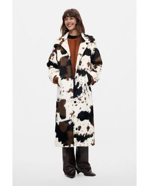 Desigual Long Printed Fur Coat - White