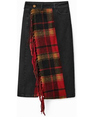 Desigual Tartan Denim Midi Skirt, Cotton - Red