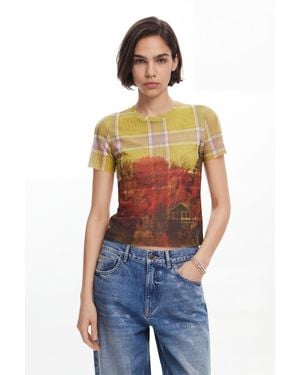 Desigual Printed Tulle T-Shirt, Polyester - Yellow
