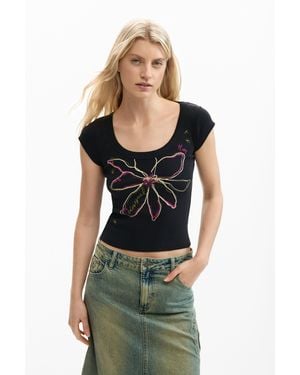 Desigual Fitted Flower T-Shirt, Cotton - Black