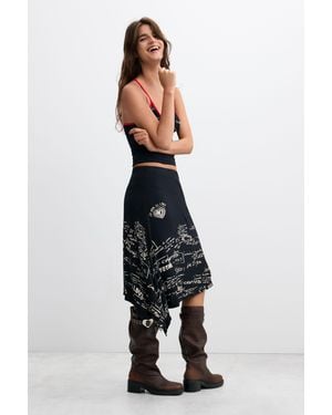 Desigual Asymmetric Vintage Printed Midi Skirt, Viscose - Black