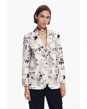 Desigual Straight Blazer With Text And Flowers, Cotton - White