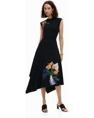 Desigual Asymmetric Floral Dress, Cotton - Black