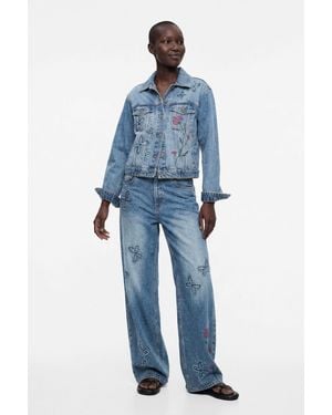 Desigual Wide-Leg Jeans With Butterflies, Cotton - Blue