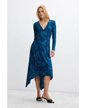 Desigual Wrap Dress With V-Neck, Polyester - Blue