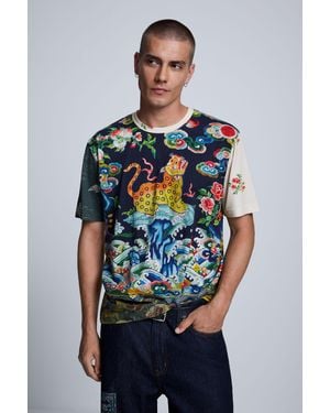 Desigual Camiseta Estampada, Hombre, Algodon, Negro - Azul